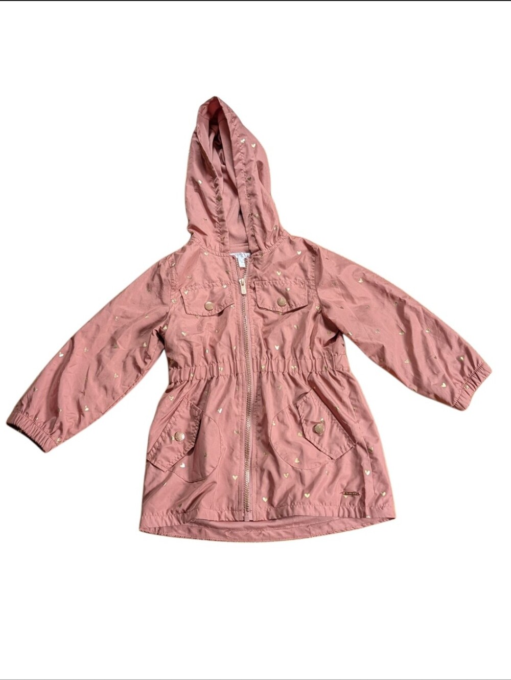 Tahari Girls Size 4 Rose Gold Heart Print Full Zip Windbreaker Raincoat Jacket